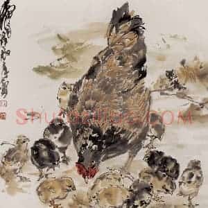 1988年 黄胄《母子鸡》国画花鸟作品图片赏析