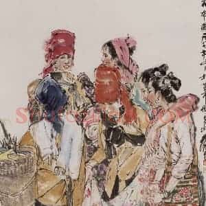 1987年 黄胄《花布图》国画人物作品图片赏析