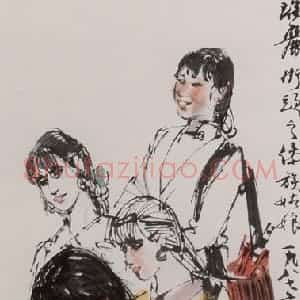 1987年 黄胄《瑞丽街头的傣族姑娘》国画人物作品图片赏析