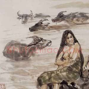 1987年 黄胄《沐浴》国画人物作品图片赏析
