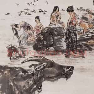 1988年 黄胄《沐浴》国画综合作品图片赏析