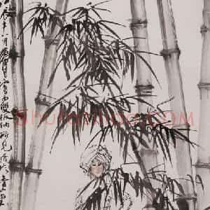 1988年 黄胄《傣族妇女竹林赶猪》国画综合作品图片赏析