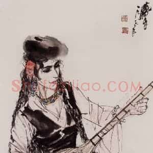 1986年 黄胄《弹琴少女》国画人物作品图片赏析