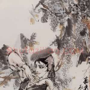 1988年 黄胄《葡萄熟了的时候》国画人物作品图片赏析