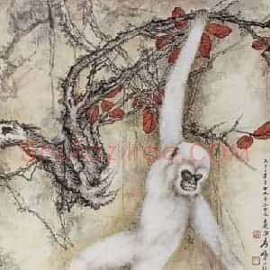 张大千《红叶白猿图》国画花鸟作品图片赏析