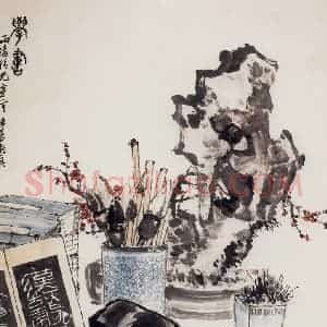 1964年 郭味蕖《学书》国画花鸟兼工带写作品图片赏析