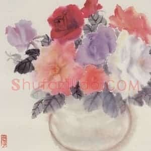 80年代 萧淑芳《瓶花月季》国画花鸟作品图片赏析