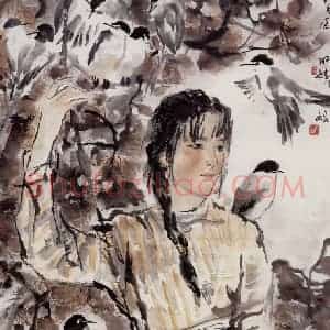 1980年 吴山明《灰喜鹊饲养女》国画综合作品图片赏析