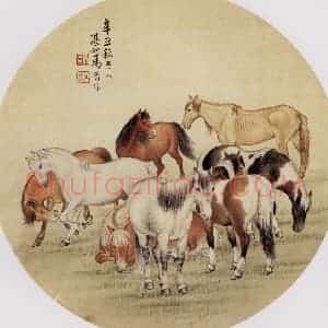 1961年 马晋《八骏团扇》国画花鸟作品图片赏析