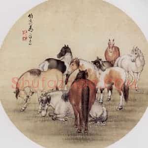 1961年 马晋《八骏团扇》国画花鸟作品图片赏析