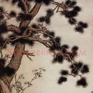 1942年 马晋《松荫双骏》国画花鸟作品图片赏析