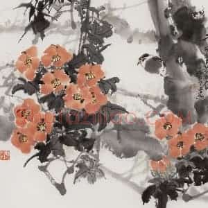 1981年 王晋元《二月茶花耀眼红》国画花鸟写意作品图片赏析