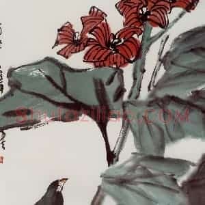 2001年 隋易夫《蜀葵青鸟》国画花鸟作品图片赏析