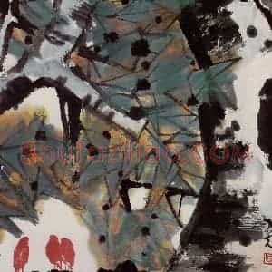 2002年 隋易夫《青桐红鸟》国画花鸟作品图片赏析