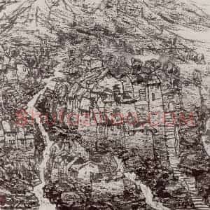 1999年 李宝林《燕山石村》国画山水作品图片赏析