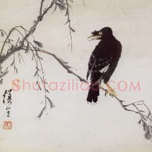 60年代 汪慎生《柳树八哥》国画花鸟写意作品图片赏析