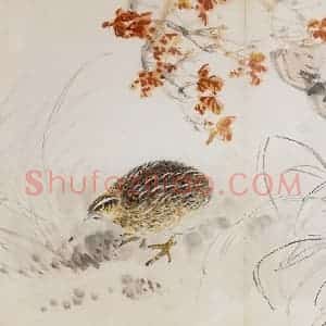 60年代 汪慎生《红叶鹌鹑》国画花鸟兼工帯写作品图片赏析