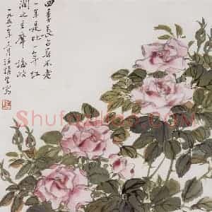1951年 汪慎生《月季》国画花鸟工笔作品图片赏析