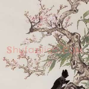50年代 汪慎生《桃花八哥》国画花鸟工笔作品图片赏析