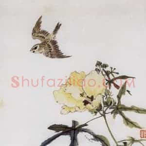 50年代 汪慎生《秋葵麻雀》国画花鸟写意作品图片赏析