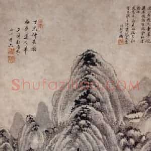 明代 王时敏《仿梅道人山水图轴》国画山水作品图片赏析