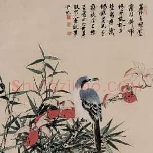 1947年 谢稚柳《枫叶竹禽图》国画花鸟作品图片赏析