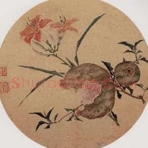 清代 张敬修《萱花石榴图团扇面》国画花鸟作品图片赏析