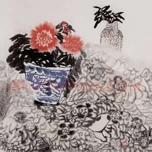 2000年 冯今松《对花图》国画花鸟作品图片赏析