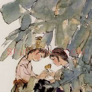 程十发《蕉荫有吉图》国画人物作品图片赏析