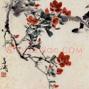 王雪涛《桃花八哥》国画花鸟作品图片赏析