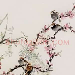 王雪涛《桃花麻雀》国画花鸟作品图片赏析