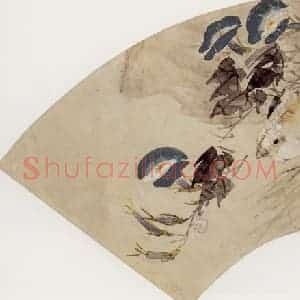 清代 任伯年《秋花小鸡扇页》国画花鸟作品图片赏析