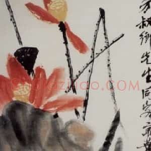 1946年 齐白石《红荷》国画花鸟作品图片赏析