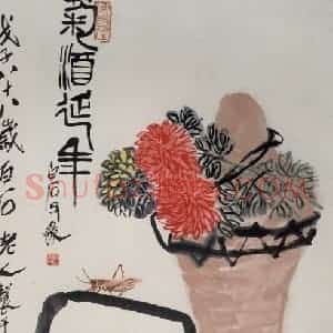 1948年 齐白石《菊花延年》国画花鸟作品图片赏析
