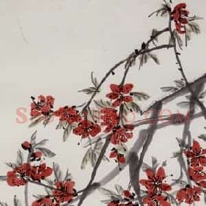 1945年 齐白石《桃花》国画花鸟作品图片赏析