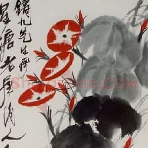 1948年 齐白石《牵牛鸡雏》国画花鸟作品图片赏析