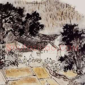 孔仲起《山村秋收时》国画山水作品图片赏析