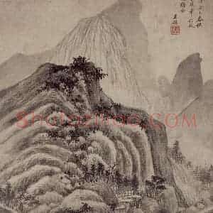 清代 王鉴《仿巨然山水轴》国画山水作品图片赏析
