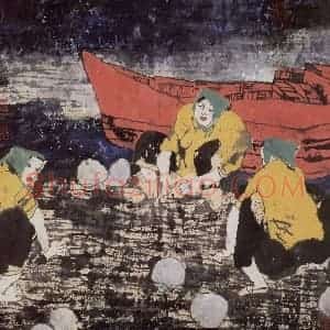 1993年 张道兴《渔家编织》国画人物作品图片赏析