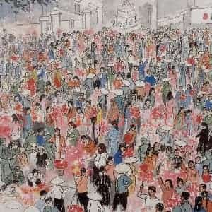 1973年 亚明《河内春节花市》国画人物作品图片赏析