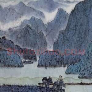 1975年 亚明《春江放筏》国画山水作品图片赏析