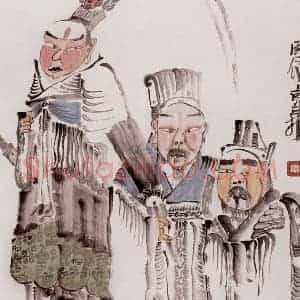 2000年 周京心《三个男人一台戏》国画人物作品图片赏析