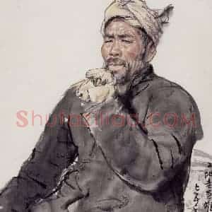 1975年 卢沉《人物写生-工地老英雄》国画人物作品图片赏析
