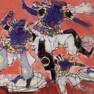 1984年 卢沉《塞上竞技图》国画人物作品图片赏析