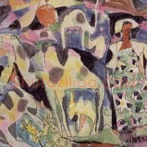 1986年 卢沉《草原落日》国画人物作品图片赏析