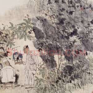 1993年 卢沉《晨林鸟语》国画人物作品图片赏析