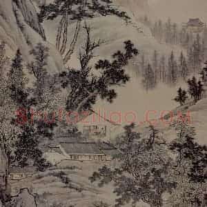 清代 邹喆《山阁谈诗图轴(局部)》国画山水作品图片赏析