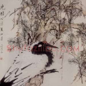清代 虚谷《松鹤图轴》国画花鸟作品图片赏析