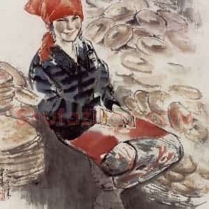 1998年 王绪阳《卖馕小姑娘》国画人物作品图片赏析