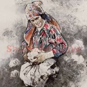 1999年 王绪阳《棉桃》国画人物作品图片赏析